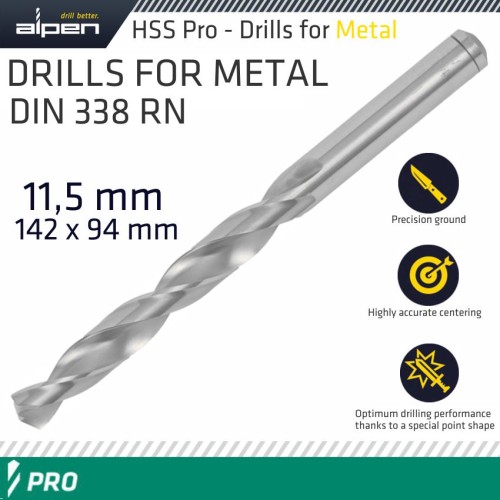 ALPEN PRO HSS 11.5MM DRILL DIN 338 RN 135 SPLIT POINT PLASTIC WALLET ALPEN PRO HSS 11.5MM DRILL DIN 338 RN 135 SPLIT POINT PLASTIC WALLET