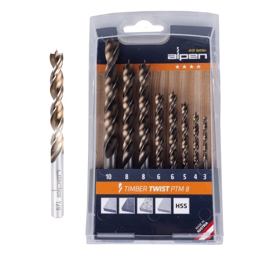 TIMBER TWIST DRILL BIT SET PTM8-8 3, 4, 5, 10.0MM, X2 6, 8.0MM TIMBER TWIST DRILL BIT SET PTM8-8 3, 4, 5, 10.0MM, X2 6, 8.0MM