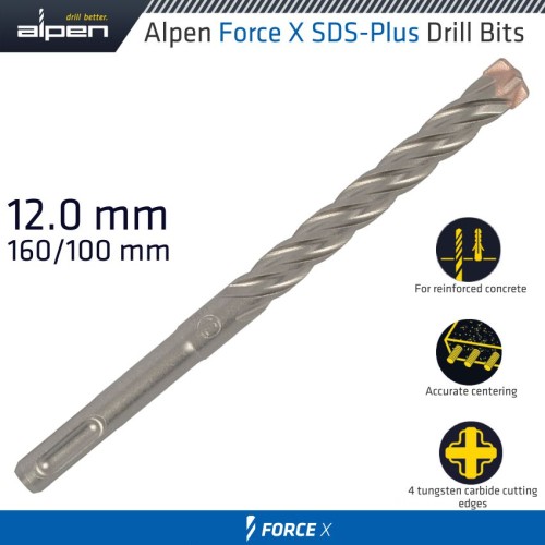 FORCE X 12.0 X 160/100 SDS-PLUS DRILL BIT X4 CUTTING EDGES FORCE X 12.0 X 160/100 SDS-PLUS DRILL BIT X4 CUTTING EDGES