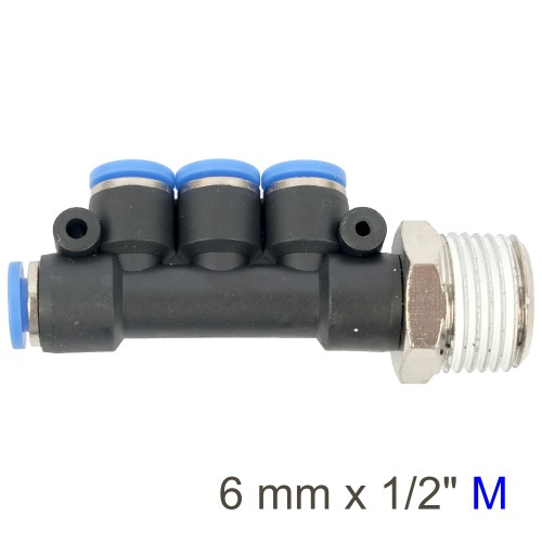 PU HOSE FITTING MANIFOLD 4 X 6MM PORT X 1/2"M