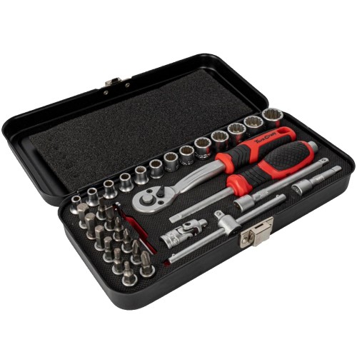 SOCKET & RATCHET SET 34PC 1/4" DR CRV 12 POINT METAL CASE