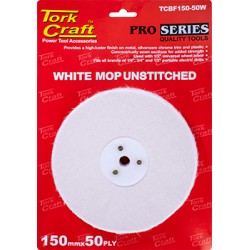 WHITE BUFF/MOP UNSTITCHED 150 X 50PLY X 1/2" HOLE